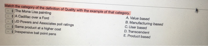 Match the category of the definition of Quality with the example of that category A. Value based B. Manufacturing based C. User based D. Transcendent E. Product based The Mona Lisa painting A Cadillac over a Ford C?JD Powers and Associates poll ratings ; same product at a higher cost Inexpensive ball point pens