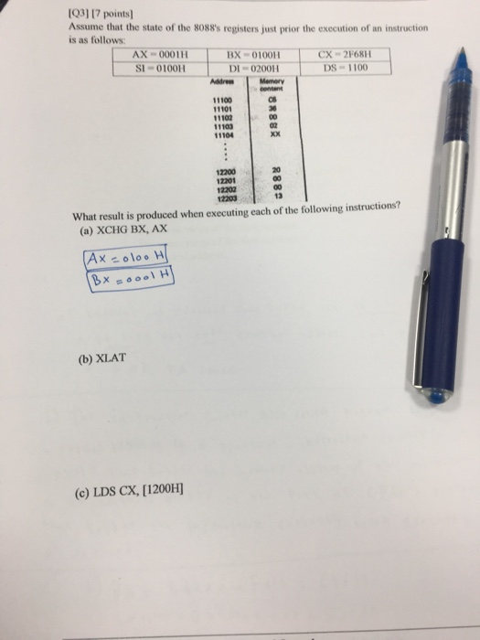 193117 points] Assume that the state of the 8088s registers just prior the execution of an instruction is as follows AX 00011 S 01001H BX 0100H DI -02001H CX 2F681 DS 1100 ontent 11100 11101 11102 1103 11104 20 12200 12201 12202 13 What result is produced when executing each of the following instructions? (a) XCHG BX, AX (b) XLAT (c) LDS CX, [1200H]