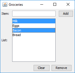 Groceries Add Item: Milk Eggs Bacon Bread List: Clear Remove