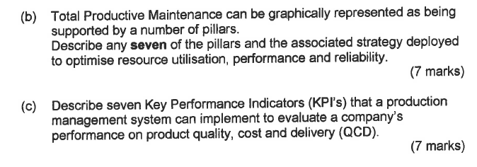 Total Productive Maintenance can be graphically represented as being supported by a number of pillars. Describe any seven of the pillars and the associated strategy deployed to optimise resource utilisation, performance and reliability. (b) souria ublisation, performance a (7 marks) Describe seven Key Performance Indicators (KPIs) that a production management system can implement to evaluate a companys performance on product quality, cost and delivery (QCD). (c) (7 marks)