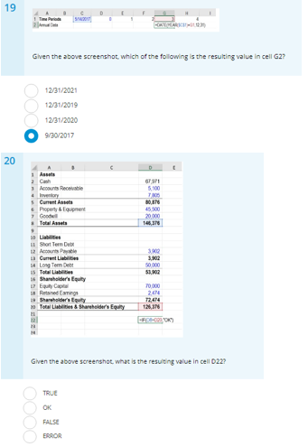 19 4 Glven the above screenshot, which of the following is the resulting value in cell G2 12/31/2021 12/31/2019 12/31/2020 92