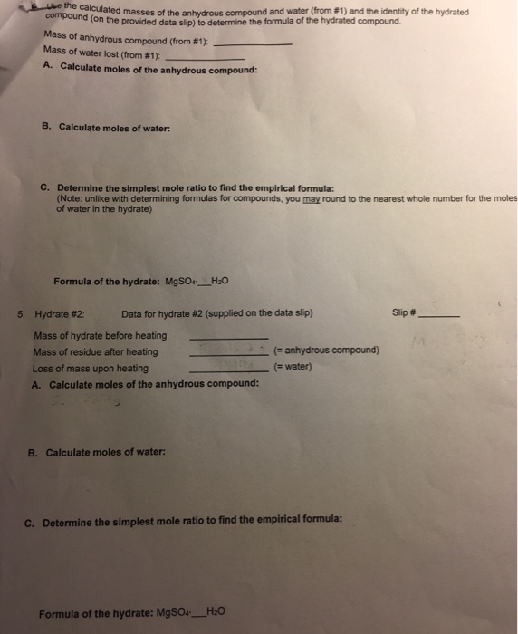 Solved Wee The Calculated Masses Of The Anhydrous Compound Chegg Com