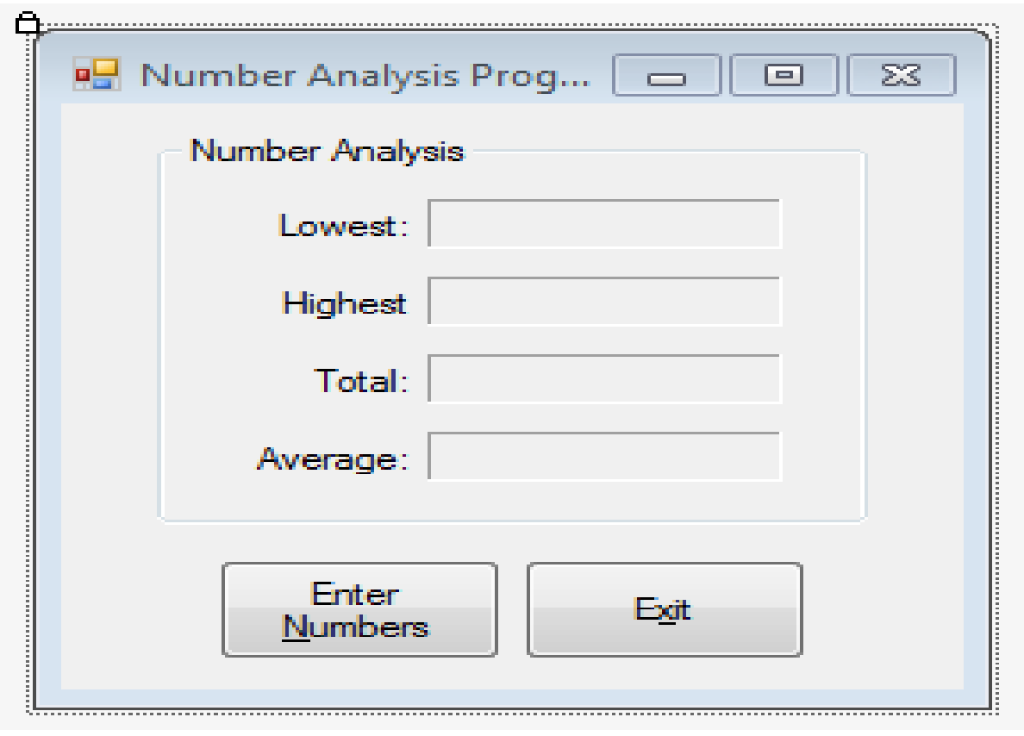 Number Analysis Prog 1-11 E 2E | Number Analysis Lowest: Highest Total: Average: Enter Numbers Exit