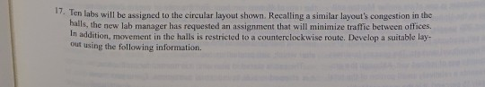 17. Ten labs will be assigned to the circular layout shown. Recalling a similar layouts congestion in the halls, the new lab manager has requested an assignment that will minimize traffic between offices. In addition, movement in the halls is restricted to a counterclockwise route. Develop a suitable lay- out using the following information.