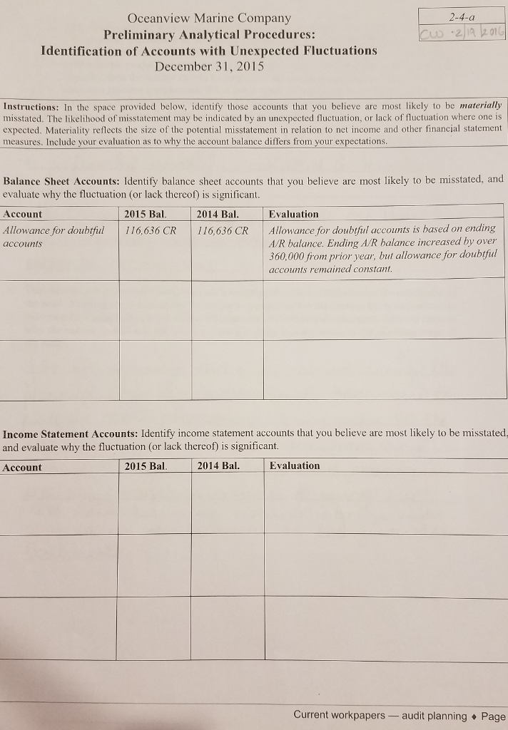 Oceanview Marine Pany Preliminary Analytical Chegg 