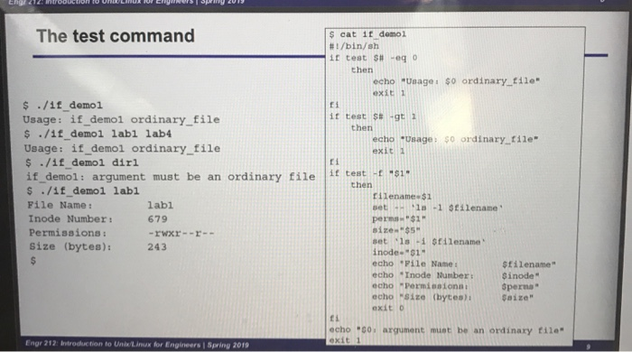 S cat 1f domo1 #1 /bin/sh if test S# -eq 0 The test command then echo Ueage: $0 ordinary file exit 1 s./if demol Usage: if_d