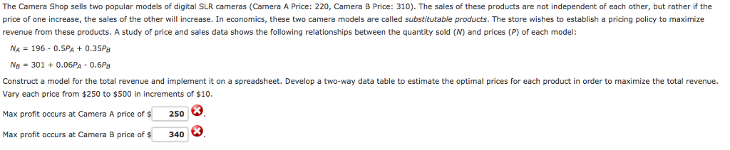 The Camera Shop sells two popular models of digital SLR cameras (Camera A Price: 220, Camera B Price: 310). The sales of these products are not independent of each other, but rather if the price of one increase, the sales of the other will increase. In economics, these two camera models are called substitutable products. The store wishes to establish a pricing policy to maximize revenue from these products. A study of price and sales data shows the following relationships between the quantity sold (N) and prices (P) of each model NA-196-0.5PA+0.35Ps NB-301 0.06PA-0.6Ps Construct a model for the total revenue and implement it on a spreadsheet. Develop a two-way data table to estimate the optimal prices for each product in order to maximize the total revenue. Vary each price from $250 to $500 in increments of $10. Max profit occurs at Camera A price of 250 3 Max profit occurs at Camera B price of $340