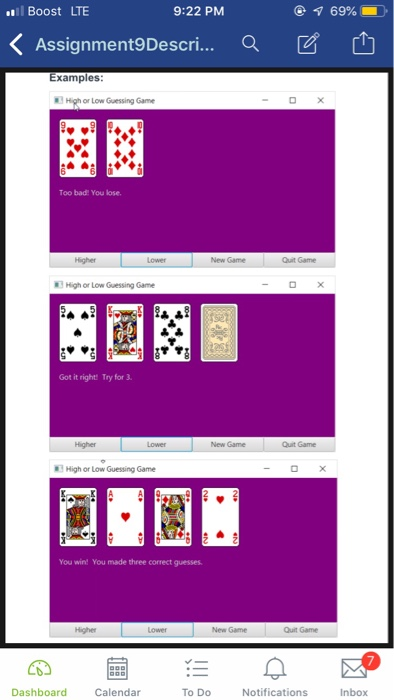 ll Boost LTE 9:22 PM 69% くAssignment9Descri a Examples High or Low Guessing Game Too bad You lose. New Game Quit Game High or