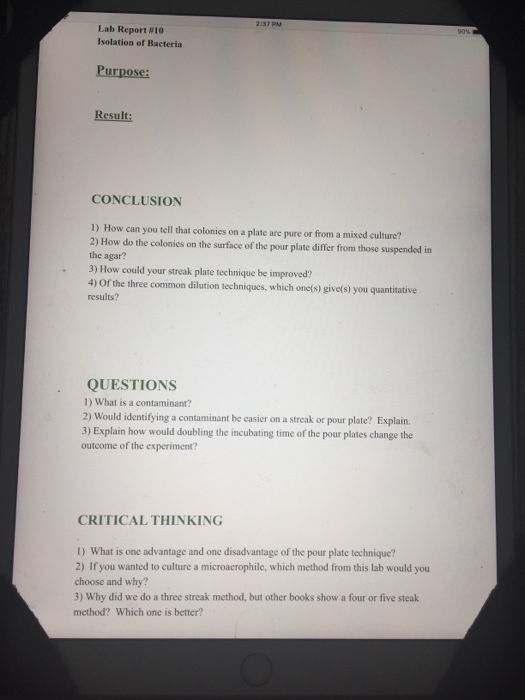 Solved Lab Report 10 Isolation Of Bacteria Purpose Result Chegg Com