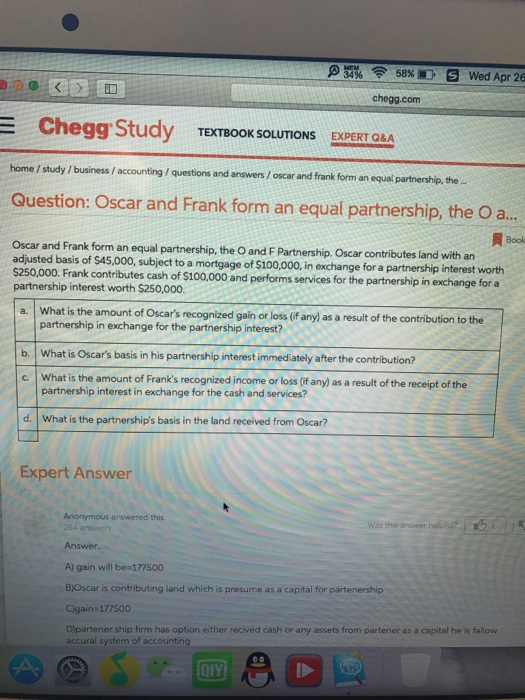 Solved Oscar And Frank Form An Equal Partnership The O A