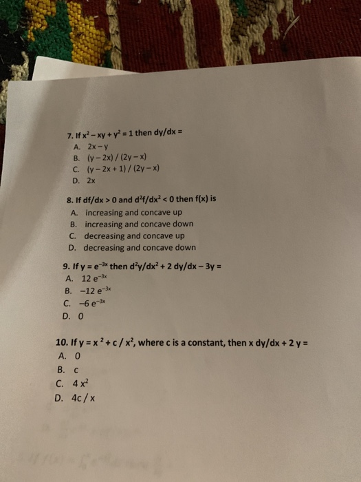 Solved 7 If X2 Xy Y Lthen Dy Dx A 2x Y B Y 2x Chegg Com Solved 7 If X2 Xy Y Lthen Dy Dx A 2x Y B Y 2x Chegg Com