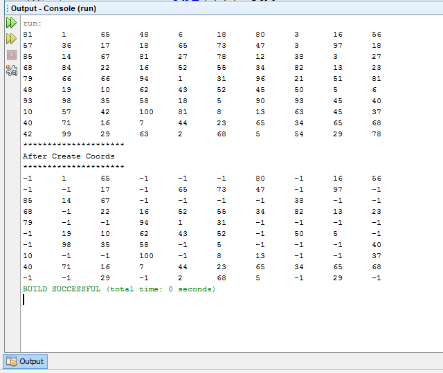 Output Console (run) 81 18 73 78 80 47 12 34 96 16 97 56 18 27 23 81 65 18 81 16 94 65 27 52 36 85 68 79 38 82 21 50 93 63 34