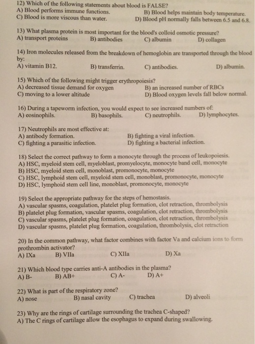 Solved 12) Which Of The Following Statements About Blood
