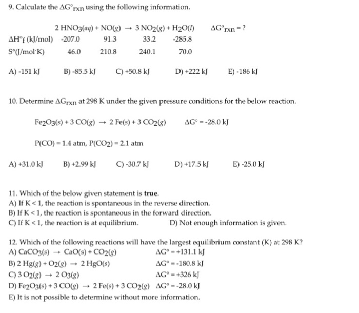 Solved 9 Calculate The Ag Rxn Using The Following Inform Chegg Com