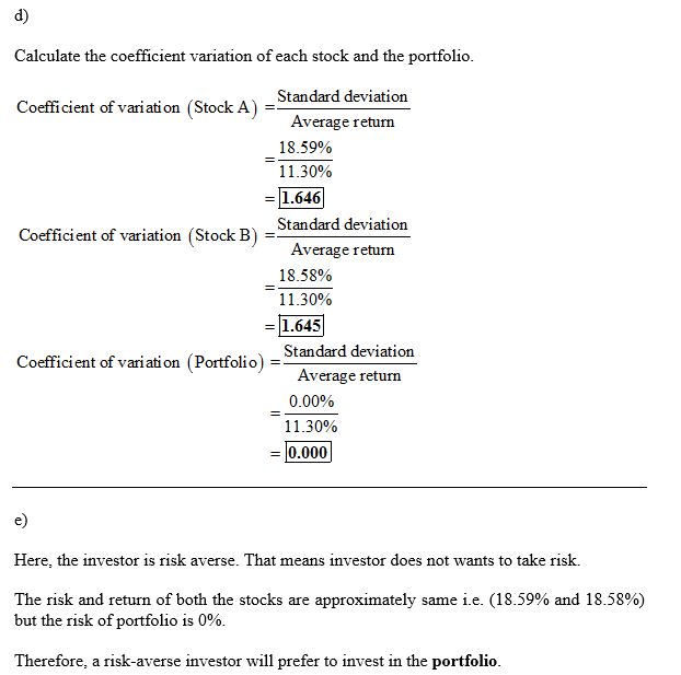 d) Calculate the coefficient variation of each stock and the portfolio Standard deviation Coefficient of variation (Stock A)