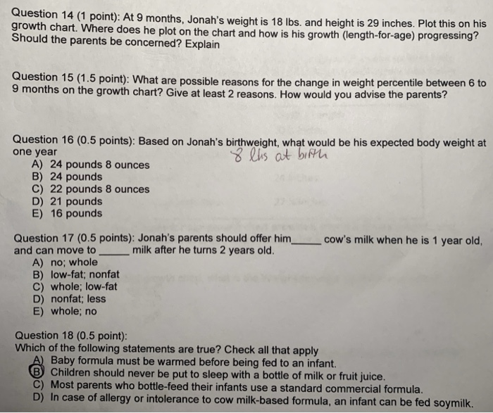Solved Question 14 1 Point At 9 Months Jonah S Weight
