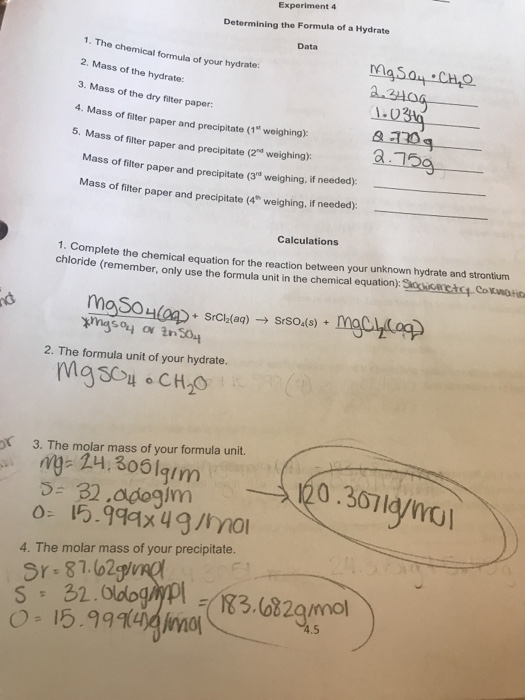 Experiment 4 Determining The Formula Of A Hydrate Chegg 