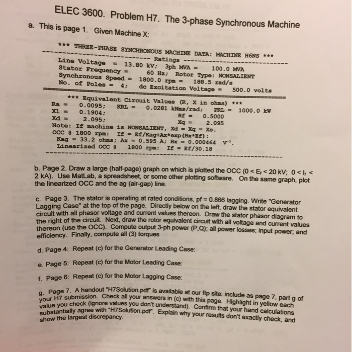 Solved Elec 3600 Problem H7 The 3 Phase Synchronous Mac Chegg Com