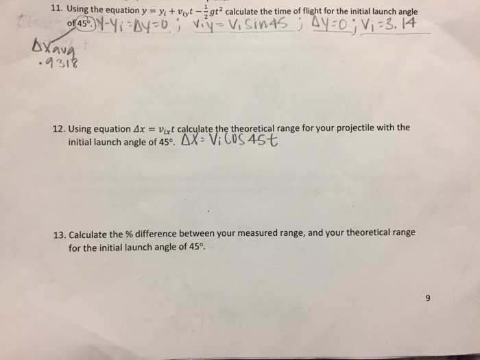 Solved 11 Using The Equation Y Yi Viyt 1 2gt 2 Calcula Chegg Com