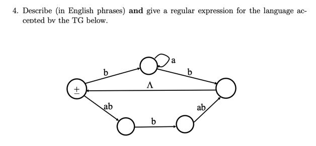 4. Describe (in English phrases) and give a regular expression for the language ac- cented bv the TG below. ab ab