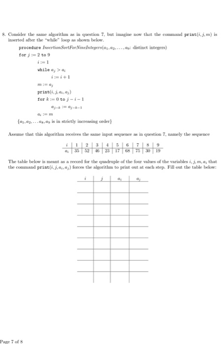 8. Consider the same algorithm as in question 7, but imagine now that the command print(i,j, m) is inserted after the while