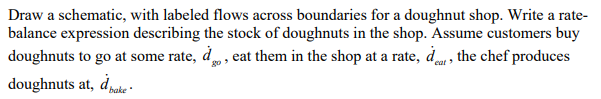 Draw a schematic, with labeled flows across boundaries for a doughnut shop. Write a rate- balance expression describing the stock of doughnuts in the shop. Assume customers buy doughnuts to go at some rate, d, eat them in the shop at a rate, d the chef produces doughnuts at, dale