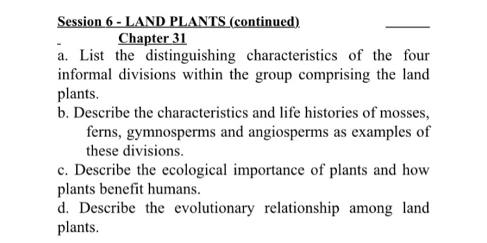 Solved Session 6 Land Plants Continued Chapter 31 A List Chegg Com