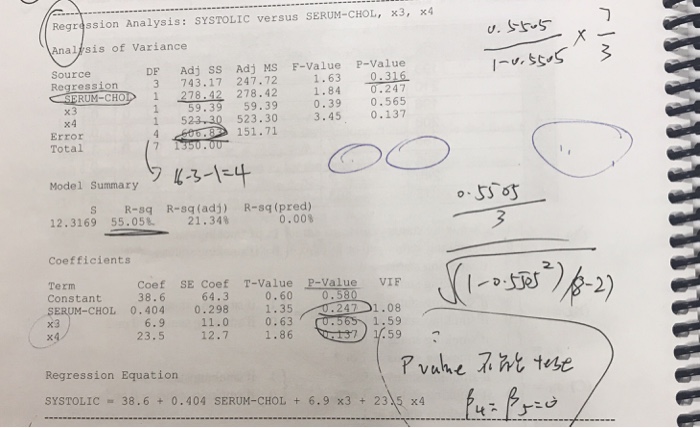 Regression Analysis: SYSTOLIC versus SERUM-CHOL, x3,x4 Analsis of Variance Source DF Adj SS Adj MS F-Value P-Value Regression 3 743.17 247.72 1.63 0.316 RUM-CHOD 1 278.42 278.42 1.84 0.247 0.39 0.565 523.30 3.450.137 159.39 59.39 151.71 Error Total be-3-1:4 ? Model Summary 0.53? S R-sq R-sq (adj) R-sq (pred) 0.00% 12.3169 55.058 21.34% Coefficients Coef SE Coef T-Value P-Value VIF 38.6 SERUM-CHOL 0.404 6.9 23.5 64.3 0.60 0 0.298 11.0 12.71.86 247 1.08 1.59 59 ? Regression Equation Valhe . SYSTOLIC 38.6+0.404 SERUM-CHOL +6.9 x3 2315 x4 3 6834 e0536 u6368 22901 74337 a0101 47525 0 eo 34.