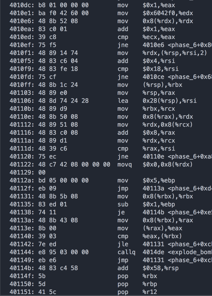 4010dc: b8 01 00 00 00 4010e1: ba f0 42 60 00 4010e6: 48 8b 52 08 4010ea: 83 c0 01 4010ed: 39 c8 4010ef 75 f5 4010f1: 48 89 1