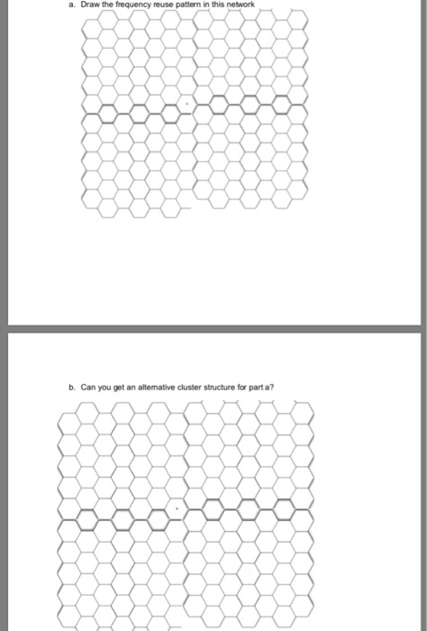 Draw the frequency reuse pattern in this network a. b. Can you get an altemative cluster structure for part a?
