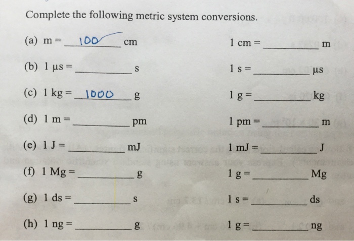 Solved Complete The Following Metric System Conversions Chegg Com