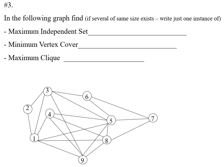 #3 . In the following graph find (if several of same size exists write just one instance of) Maximum Independent Set Minimum