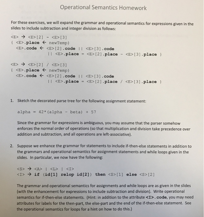 Solved Operational Semantics Homework Exercises Expand Grammar Operational Semantics Expressions Q