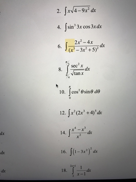 Интеграл cos xdx. Интеграл от x^(-2)*e^(-3x) DX. Интеграл (4^x+2/4^x)DX. Интеграл(x^2-3x+1)DX. Интеграл (x^2-2x+3)DX.