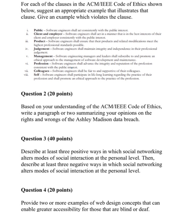 For Each Of The Clauses In The Acm Ieee Code Of Chegg Com