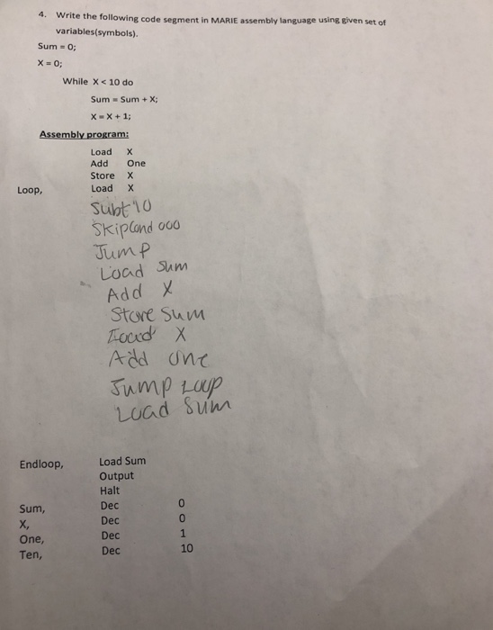 4. Write the following code segment in MARIE assembly language variables(symbols) using given set of Sum 0; While X< 10 do Su