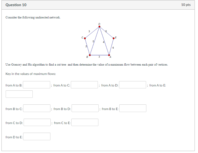 Question 10 10 pts Consider the following undirected network. Use Gomory and Hu algorithm to find a cut tree and then determi