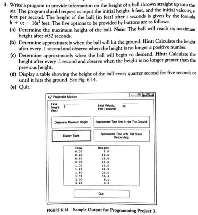 3. Write a program to provide information on the height of a ball thrown straight up into the ram should request as input the initial height, h feet, and the initial velocity, . air. T feet per second. The height of the balin feet) after t seconds is given by the formula h + vt - 16t2 feet. The five options to be provided by buttons are as follows: (a) Determine the maximum height of the ball. Note: The ball will reach its maximum (b) Determine approximately when the ball will hit the ground. Hint: Calculate the height 

<div class=
