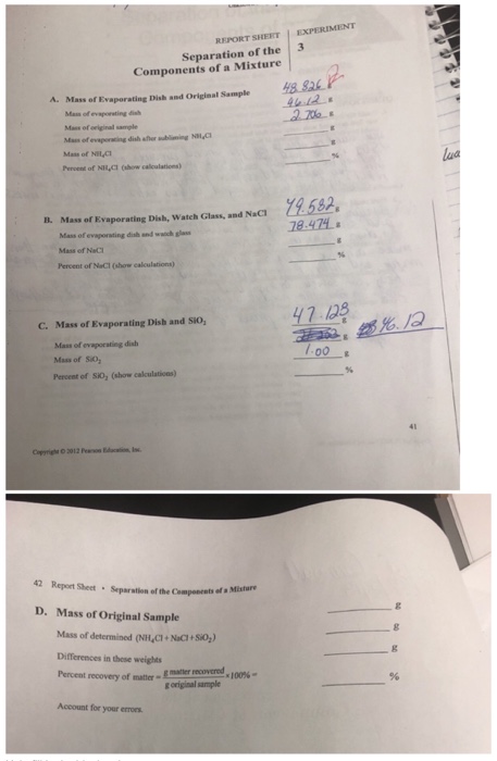 Solved Report Sheet Experiment Separation Of The3 Components Chegg Com