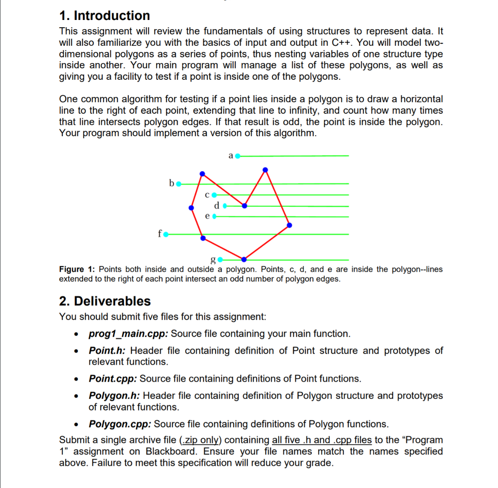 1. Introduction This assignment will review the fundamentals of using structures to represent data. It will also familiarize you with the basics of input and output in C++. You will model two- dimensional polygons as a series of points, thus nesting variables of one structure type inside another. Your main program will manage a list of these polygons, as well as giving you a facility to test if a point is inside one of the polygons One common algorithm for testing if a point lies inside a polygon is to draw a horizontal line to the right of each point, extending that line to infinity, and count how many times that line intersects polygon edges. If that result is odd, the point is inside the polygon Your program should implement a version of this algorithm Figure1: Points both inside and outside a polygon. Points, c, d, and e are inside the polygon--lines extended to the right of each point intersect an odd number of polygon edges 2. Deliverables You should submit five files for this assignment: prog1_main.cpp: Source file containing your main function. Point.h: Header file containing definition of Point structure and prototypes of relevant functions. Point.cpp: Source file containing definitions of Point functions Polygon.h: Header file containing definition of Polygon structure and prototypes of relevant functions Polygon.cpp: Source file containing definitions of Polygon functions Submit a single archive file (zip only) containing all five h and cpp files to the Program 1 assignment on Blackboard. Ensure your file names match the names specified above. Failure to meet this specification will reduce your grade.