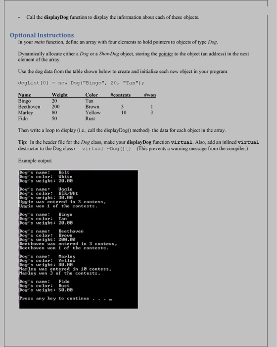 - Call the display Dog function to display the information about cach of these objects. Optional Instructions In your main fu