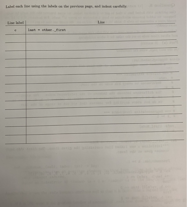 Label each line using the labels on the previous page, and indent carefully. Line Line label e last other. first