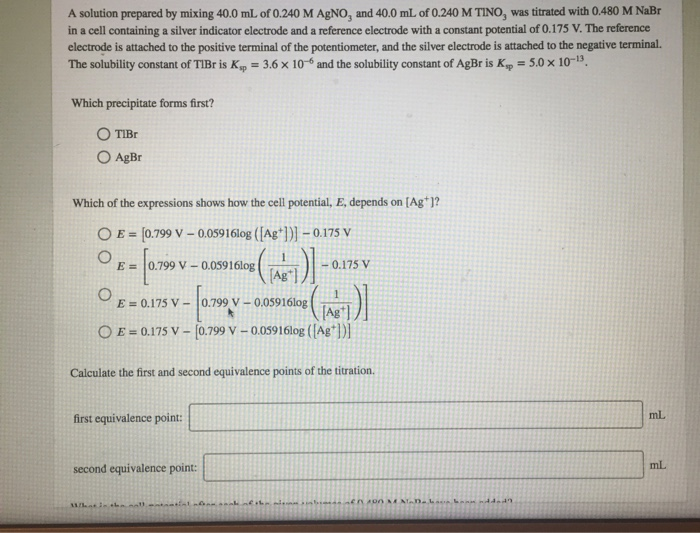 Solved A Solution Prepared By Mixing 40 0 Ml Of 0 240 M A Chegg Com