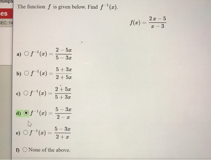 The Function F Is Given Below Find F 1 X F X Chegg Com