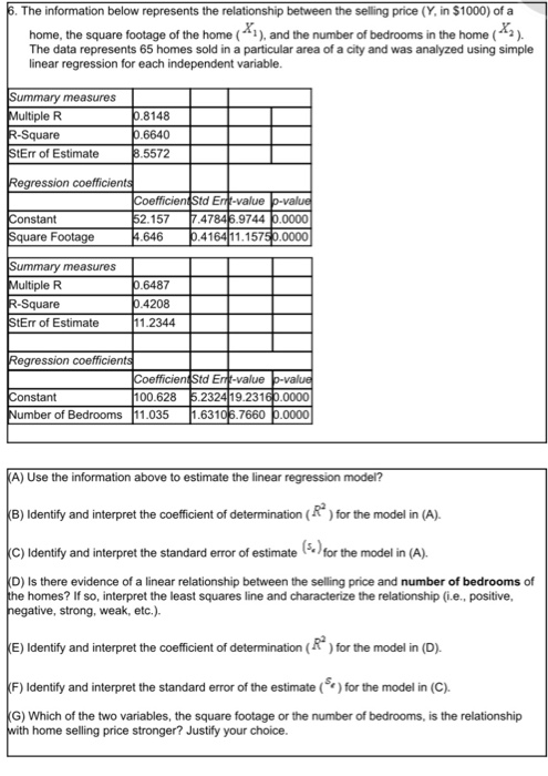 The information below represents the relationship between the selling price (Y, in $1000) of a home, the square footage of the home (), and the number of bedrooms in the home (2). The data represents 65 homes sold in a particular area of a city and was analyzed using simple linear regression for each independent variable measures ultiple R Square tErr of Estimate 8148 6640 5572 ssion fficient Std Ent-value 2.157 646 nstant 47845.9744 0.0000 0.0000 quare Footage 0.416411.1575 measures ultiple R Square tErr of Estimate 6487 4208 11.2344 ssion coe fficient Std Enrt-value 100.628 5.232419.23160.0000 11.035 nstant 

<div class=
