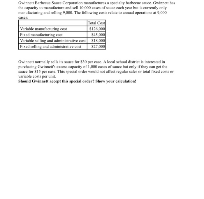 Gwinnett Barbecue Sauce Corporation manufactures a specialty barbecue sauce. Gwinnett has the capacity to manufacture and sell 10,000 cases of sauce each year but is currently only manufacturing and selling 9,000. The following costs relate to annual operations at 9,000 cases: Total Cost $126,000 $45,000 Variable selling and administrative cost S18,000 Fixed selling and administrative cost $27,000 Variable manufacturing cost Fixed manufacturing cost Gwinnett normally sells its sauce for $30 per case. A local school district is interested in purchasing Gwinnetts excess capacity of 1,000 cases of sauce but only if they can get the sauce for $15 per case. This special order would not affect regular sales or total fixed costs or variable costs per unit. Should Gwinnett accept this special order? Show your calculation!