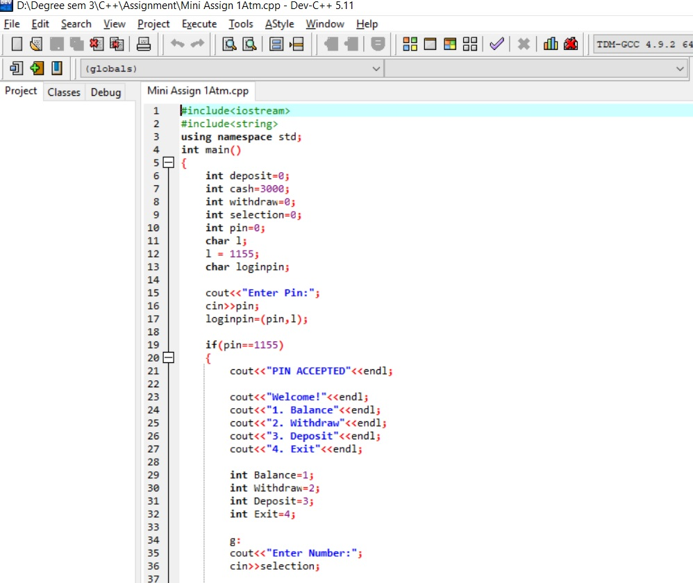DDegree sem 3\C+ +Assignment Mini Assign 1Atm.cpp - | Chegg.com