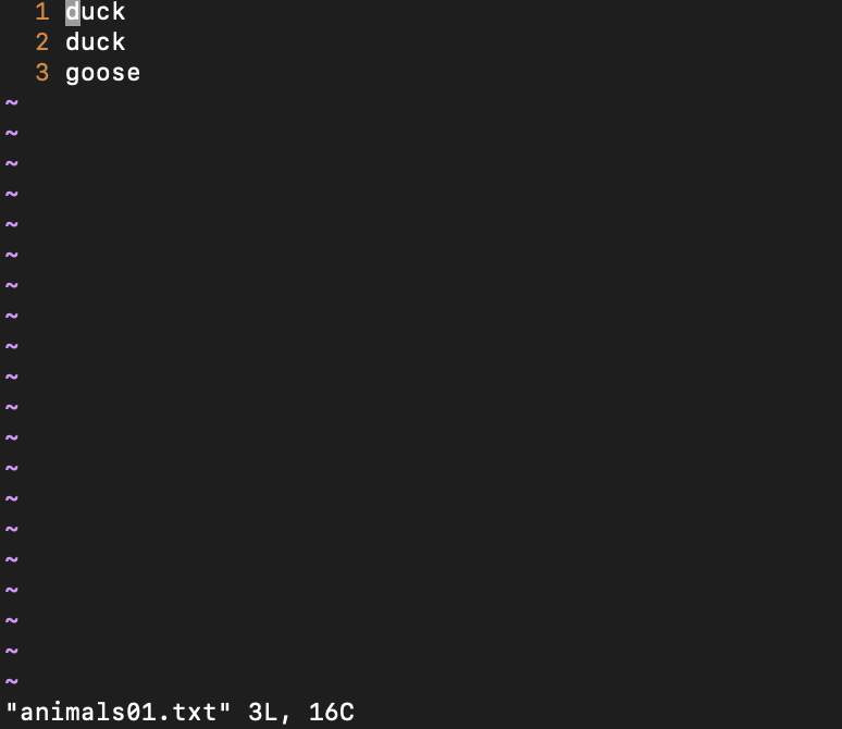 duck 2 duck 3 goose 1 animals01.txt 3L, 16C