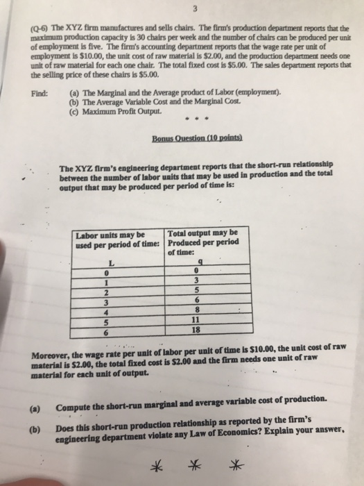 Solved Q 6 The Xyz Firm Manufactures And Sells Chairs