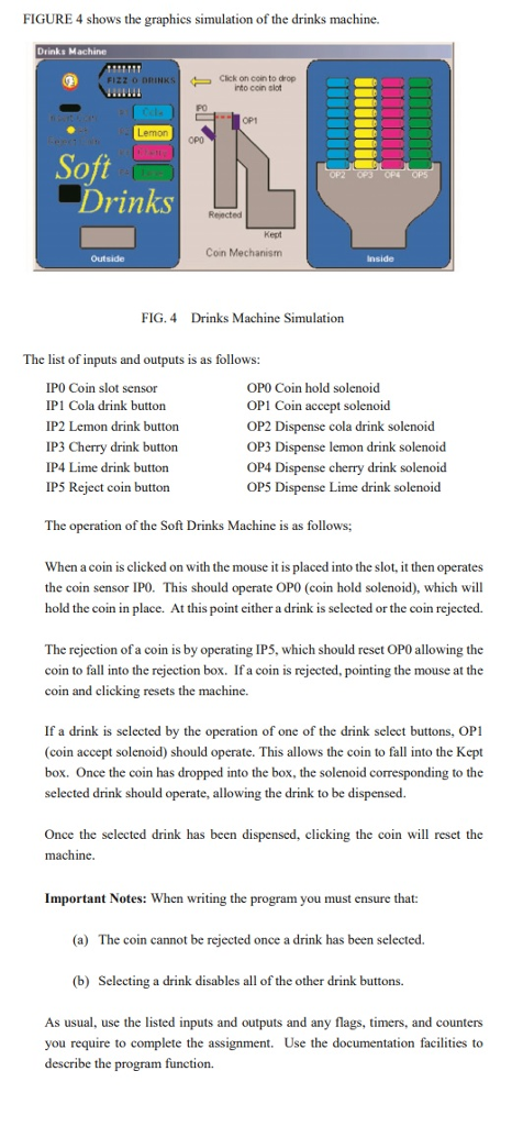 FIGURE 4 shows the graphics simulation of the drinks machine. Drinks Machine FIZZ O DIRINKSClick on coin to drop rto coin elot PO OPO Drinks Kept Coin Mechanism Outside Inside FIG.4 Drinks Machine Simulation The list of inputs and outputs is as follows: IPO Coin slot sensor IP1 Cola drink button IP2 Lemon drink button IP3 Cherry drink button P4 Lime drink button IP5 Reject coin buttorn OPO Coin hold solenoid OP1 Coin accept solenoid OP2 Dispense cola drink solenoid OP3 Dispense lemon drink solenoid OP4 Dispense cherry drink solenoid OP5 Dispense Lime drink solenoid The operation of the Soft Drinks Machine is as follows When a coin is clicked on with the mouse it is placed into the slot, it then operates the coin sensor IP0. This should operate OPO (coin hold solenoid), which will hold the coin in place. At this point either a drink is selected or the coin rejected. The rejection of a coin is by operating IPS, which should reset OP0 allowing the coin to fall into the rejection box. If a coin is rejected, pointing the mouse at the coin and clicking resets the machine. If a drink is selected by the operation of one of the drink select buttons, OP1 (coin accept solenoid) should operate. This allows the coin to fall into the Kept box. Once the coin has dropped into the box, the solenoid corresponding to the selected drink should operate, allowing the drink to be dispensed. Once the selected drink has been dispensed, clicking the coin will reset the machine Important Notes: When writing the program you must ensure that: (a) The coin cannot be rejected once a drink has been selected. (b) Selecting a drink disables all of the other drink buttons. As usual, use the listed inputs and outputs and any flags, timers, and counters you require to complete the assignment. Use the documentation facilities to describe the program
